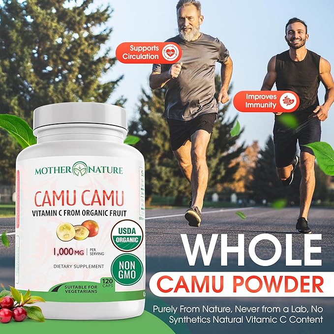 Organic Vitamin C from Camu Camu Capsules 1,000mg, Packed with Natural VIT C, Raw Antioxidants - Immune Support Supplement & Anti-Aging for Skin - Powder Organic, Vegan, Non-GMO (120 Count)