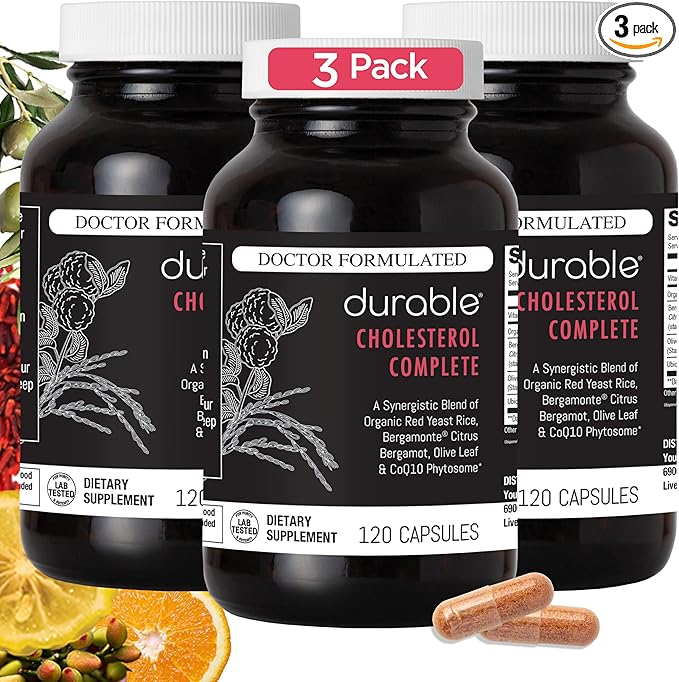 Durable Cholesterol Complete – Organic Red Yeast Rice 1,600 mg + Bergamonte® Citrus Bergamot 1,000 mg + Ubiqsome® CoQ10 + Olive Leaf + Vitamin C – Doctor Formulated, Made in USA (360 Capsules)
