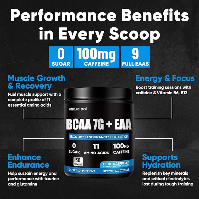 Sugar Free 7g BCAA + EAA Powder | Supports Muscle Recovery, Growth, Strength & Endurance – 9 Essential Amino Acids with L-Glutamine, Caffeine, Vitamin & Electrolyte for Energy & Hydration, Gluten Free