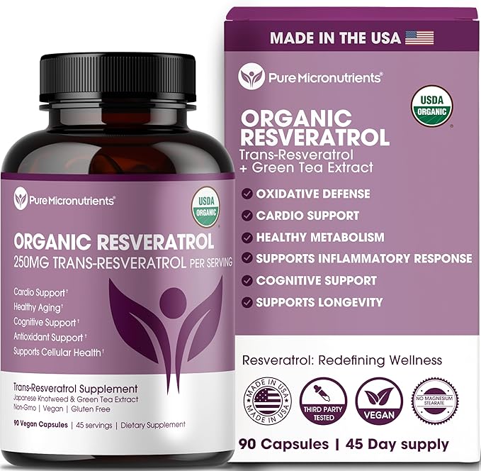 Organic Resveratrol Supplement – Trans-Resveratrol Capsules with Green Tea – Highly Purified & Bioavailable - 90 Vegan Caps