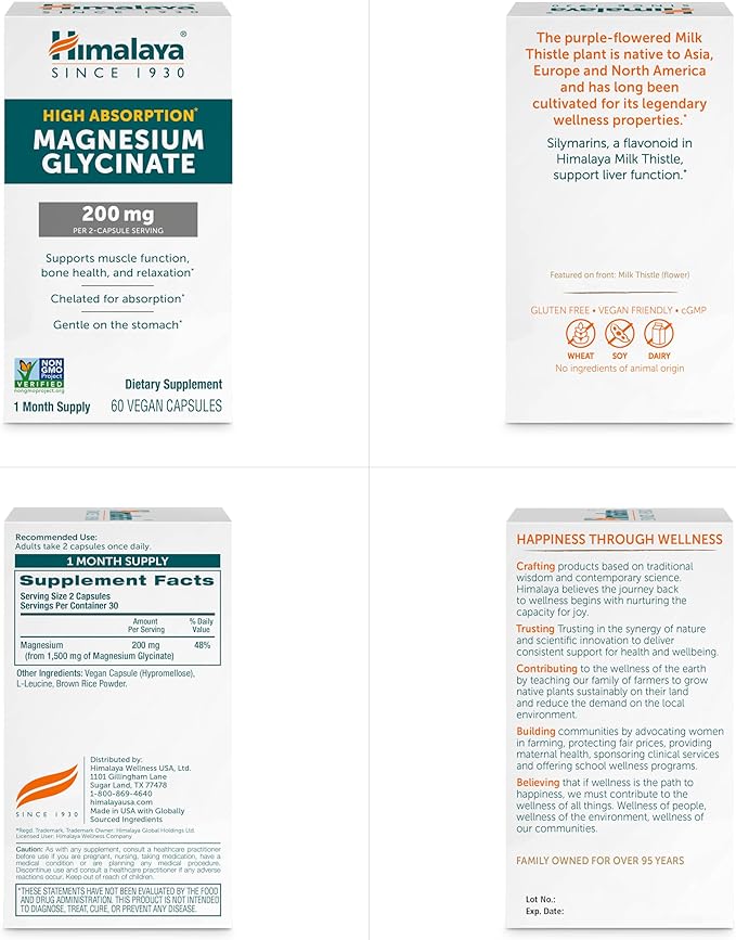 Himalaya Magnesium Glycinate, 60 Vegan Capsules, High Absorption Dietary Supplement for Muscle Function, Bone Health, and Relaxation, Chelated, Non-GMO, Gluten-Free, 200mg per 2 Capsule Serving