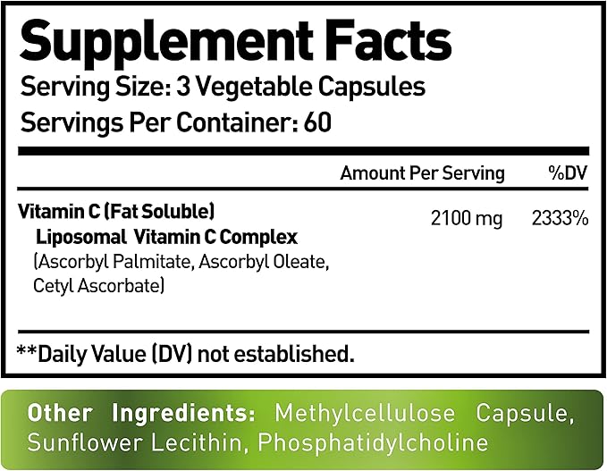 Liposomal Vitamin C 2100mg- 180 Capsules High Absorption Ascorbic Acid - Supports Immune System and Collagen Booster - Powerful Antioxidant High Dose Fat Soluble Supplement
