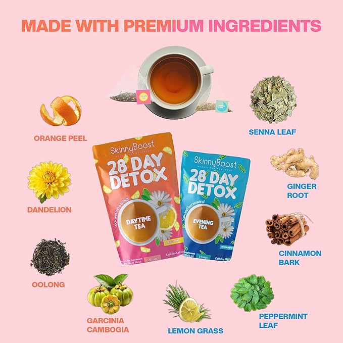 Skinny Boost Detox Tea Kit Slimming Tea for Weight, Metabolism, Energy, Bloating & Colon Cleanse – Green Tea, Herbal, Vegan, Keto, Non-GMO, Sugar-Free-4 PACK –1 Daytime (28 Bags) + 1 Evening -(14 Bags)