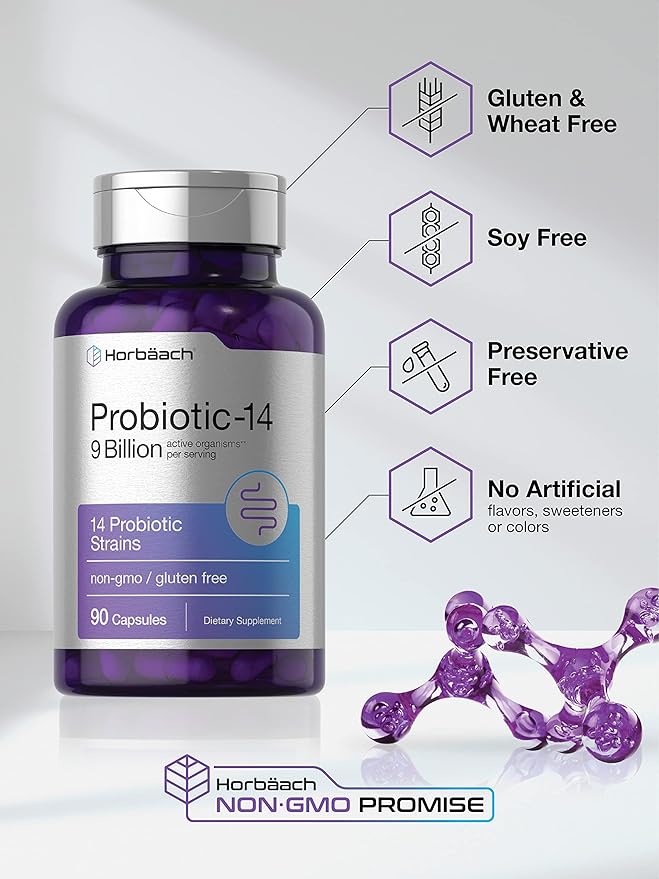 Horbäach Probiotics for Women & Men | 14 Strains for Digestive Health | 9 Billion CFU | 90 Capsules | Non-GMO & Gluten Free Supplement