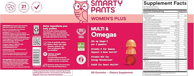 SmartyPants Women's Multivitamin Gummies, Omega 3 DHA/EPA, Methylfolate, CoQ10, Vitamin D3, C, B12, B6, A, K, Zinc, Three Fruit Flavors, 90 Count (30 Day Supply)