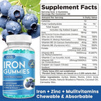 Iron Gummies with Multivitamin, Iron Supplement for Women & Men with Zinc, Vitamin B Complex & C, B12, Folate - Blood Builder & Energy Support for Adults & Kids - Blueberry Flavor, Vegan 60 Gummies
