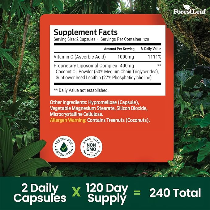 ForestLeaf Liposomal Vitamin C 1400mg Capsules | High Dose Vitamin C Liposomal Supplement w Coconut Oil Fatty Acids | Fast Absorption | Immune Support, Antioxidant, Collagen Production | 240 Vegan Cap