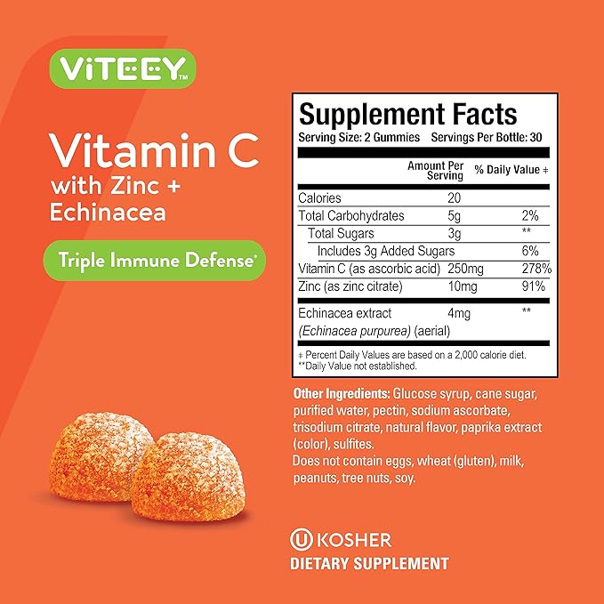 Viteey Vitamin C Gummies for Adults & Teens with Zinc & Echinacea - Immune Support Gummies - Vegan, Gelatin Free, Gluten Free, GMO Free - Tasty Vitamin C Chewable Orange Flavored Gummy