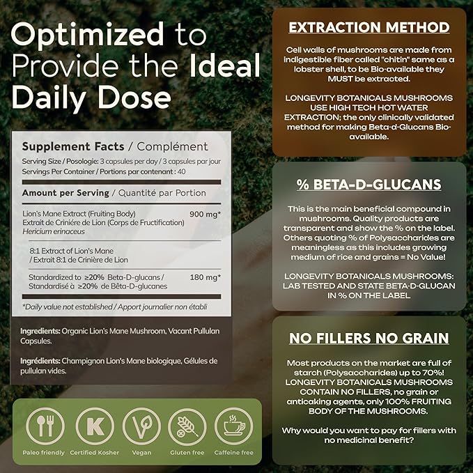 Longevity Botanicals Organic Lion's Mane Mushroom Capsules Supplement Extract 120ct | Hericium Erinaceus Fruiting Body | ≥20% Beta-D-Glucans | 40 Servings of 900mg | Supports Cognitive & Gut Wellness
