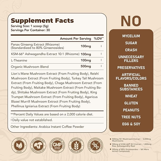 HiWell Strong Taste Mushroom Coffee 12-in-1 – Organic Ginseng, KSM-66® Ashwagandha, Lion's Mane, Reishi–Focus, Calm Energy & Immune Support–100% Fruiting Body Extracts–Vegan, Low Caffeine–30 Servings