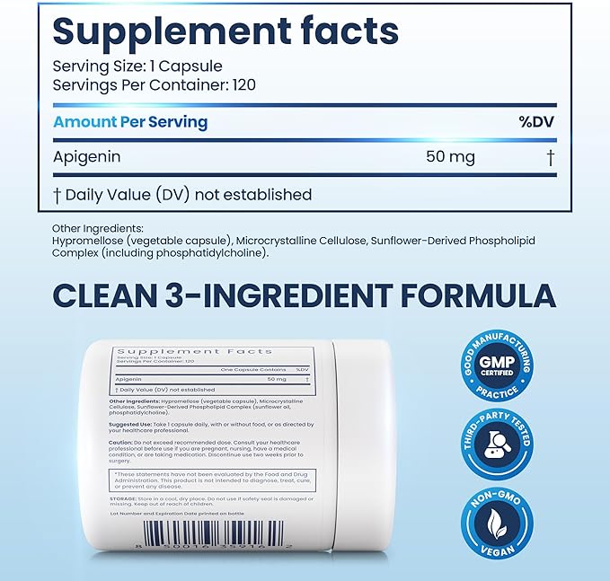 Liposomal Apigenin Supplement | 4-Month Supply Apigenin (Chamomile Flavonoid) | Supports Sleep & Calm | Sunflower Phospholipid Liposomes for Enhanced Absorption – 50mg Capsules (120 Count)