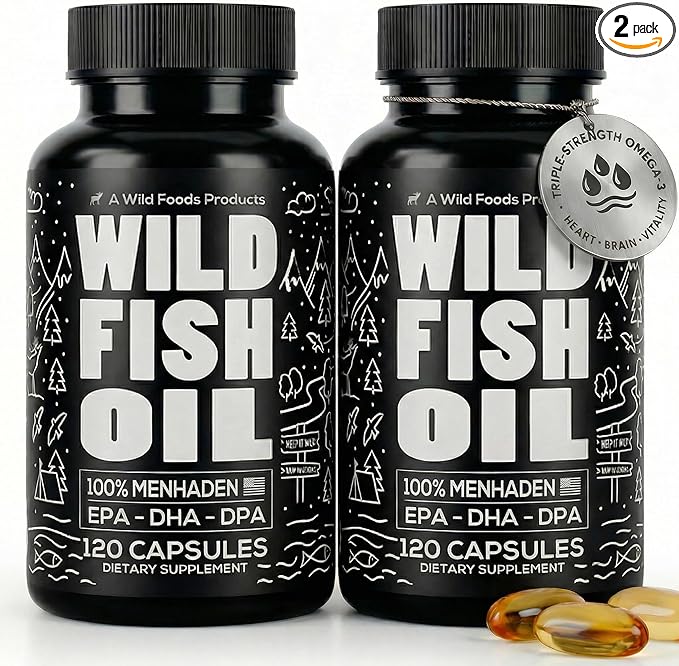 Wild Foods Omega 3 Fish Oil Supplement, 120 Capsules (2 pk) | Wild Caught, Burpless, Odorless, Non-GMO, Gluten Free | DPA, DHA, EPA Triple Strength Joint Nutrition for Women & Men