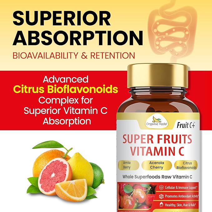 Organic Veda Fruit C+ Vitamin C Complex - 1250mg Organic Whole Food Vitamin C Supplement with Citrus Bioflavonoids, Acerola & Amla - Daily Antioxidants, Immunity, Collagen Boost - 120 Vegan Capsules