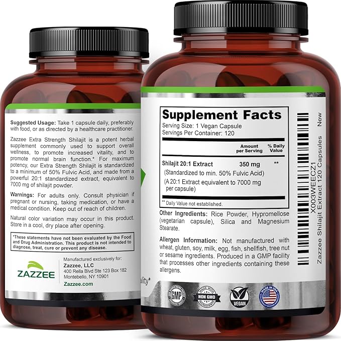 Zazzee 100% Pure Himalayan Shilajit 20:1 Extract, 50% Fulvic Acid, 120 Vegan Capsules, 4 Month Supply, Rich in Trace Mineral, 20X Potency, Energy & Vitality Support, Non-GMO, Made in the USA