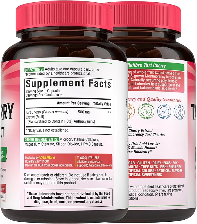 Tart Cherry Capsules, 500 mg Tart Cherry Extract Per Capsule, Montmorency Tart Cherries, Uric Acid Balance, Immune Support, Non-GMO, 60 Vegan Capsules