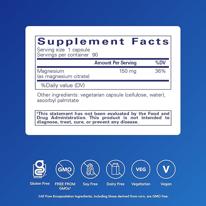 Pure Encapsulations Magnesium (Citrate) - Supplement for Sleep, Heart Health, Cognitive Health, Bone Health, Energy, Muscles, and Metabolism* - with Premium Magnesium - 90 Capsules