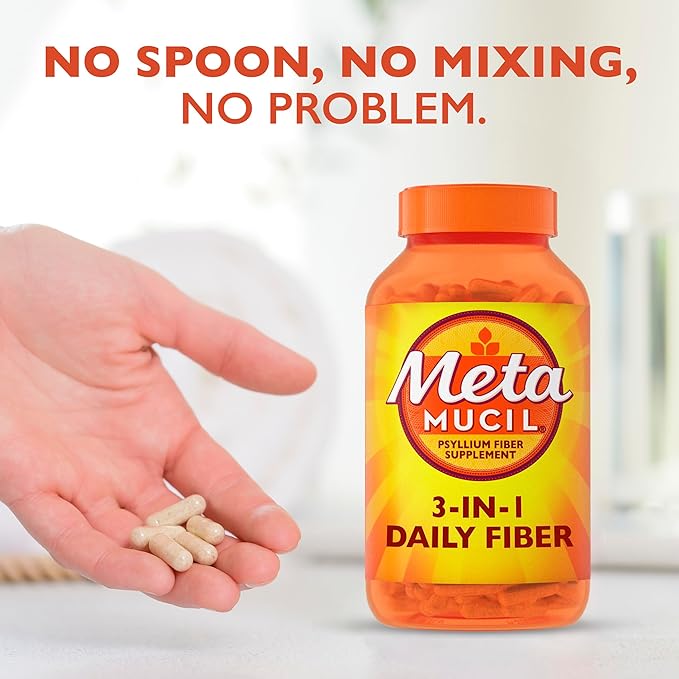 Metamucil 3-in-1 Fiber Capsules, Daily Psyllium Husk Fiber Supplement, Fiber Capsules for Digestive Health, Plant-Based Psyllium Husk Fiber Capsules, #1 Doctor Recommended Fiber Brand, 300ct Capsules