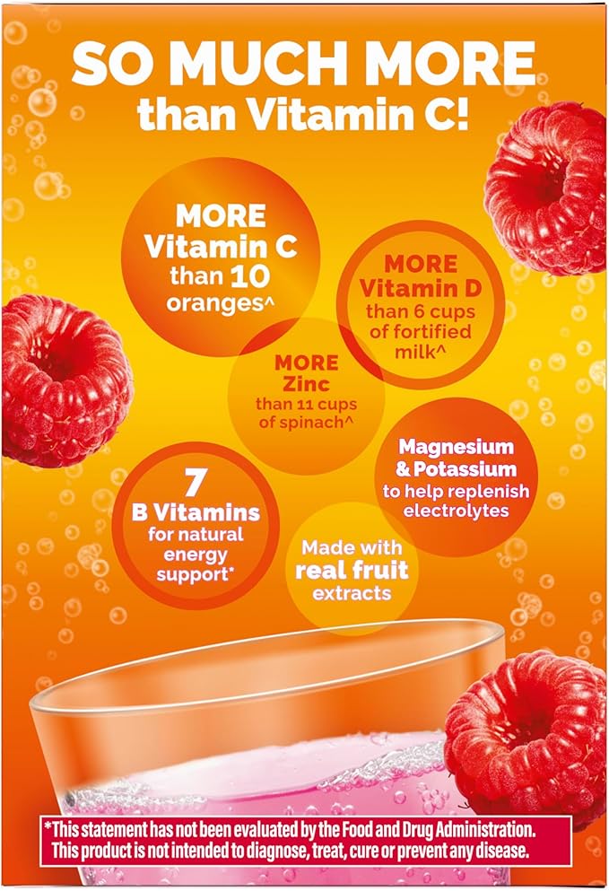 Emergen-C 1000mg Vitamin C Immune Support Powder Raspberry 30CT includes Zinc, Manganese, 7 B Vitamins and Electrolytes for Back to School Essentials