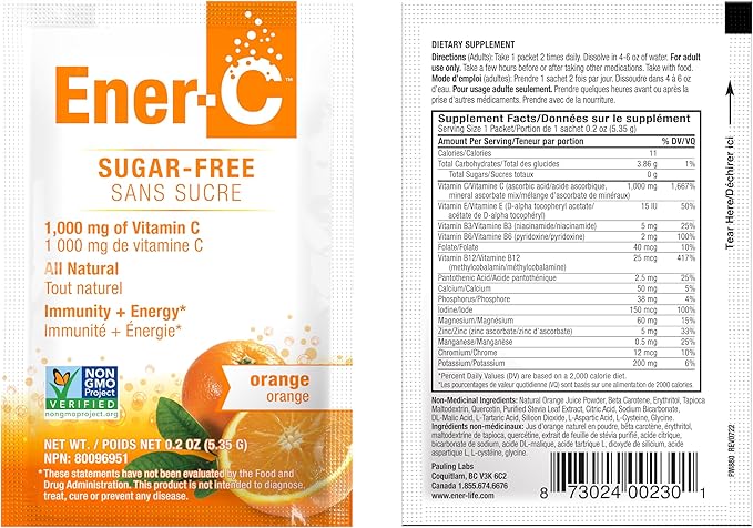 Ener-C Sugar Free Multivitamin Drink Mix - Vitamin Powder for Water, Electrolytes Powder No Sugar, Hydration Boost Packets, Zero Sugar, Vitamin C & B12 Supplement Liquid Mix - Orange, 60 Count