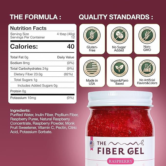 The Fiber Gel High Dietary Fiber Prebiotic Gel Formula — 100% Natural & Clean Label — Plant-Based Psyllium Husk & Inulin Complex — Keto Friendly, Vegan, No Added Sugar — Raspberry, 32 oz