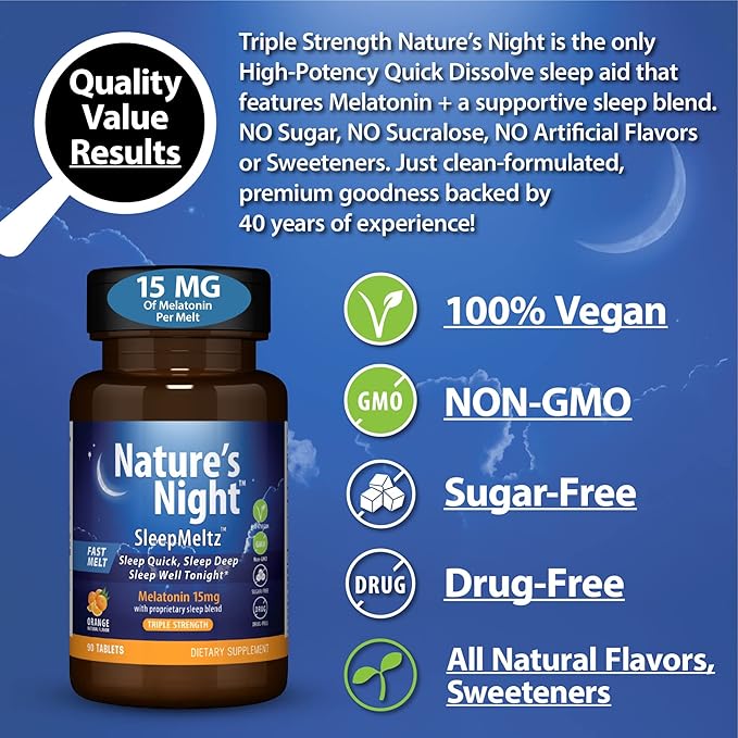 Zero Brands Nature's Night Triple Strength Quick Dissolve Melatonin 15mg with Supportive Blend | Natural Orange Flavor | 90 Count | Sugar Free, Vegan, Non-GMO, Drug Free