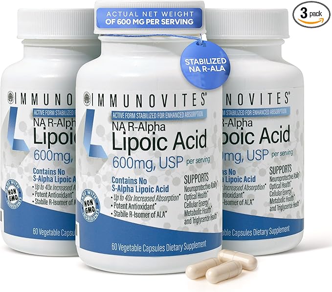 IMMUNOVITES 3-Pack Stabilized R-Alpha Lipoic Acid ((True)) 600mg per Serving [[High Potency & up to 40x Increased Absorption]] (Na R-ALA) (Na R-LA) (Na R-Lipoate) (3 Bottles)