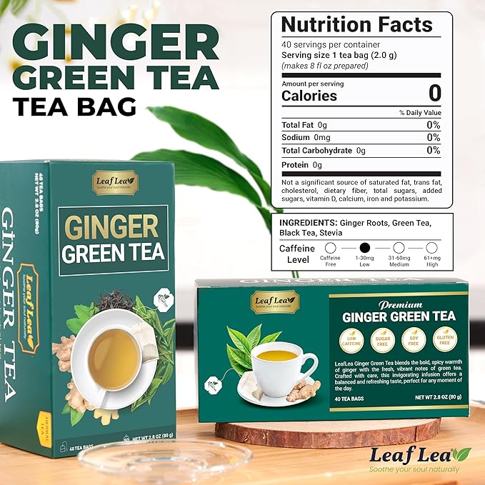 LeafLea Ginger Green Tea, 40 Individually Wrapped Tea Bags of Soothing Green Tea Blend with Natural Ginger Root, Sweetened with Stevia, Supports Digestion and Immunity, Low Caffeine, Sugar-Free