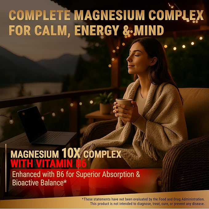 Magnesium 10X Complex – 900mg Elemental Magnesium | Glycinate, Gluconate, Malate, Orotate, Carbonate, Asparate, Taurate, Citrate, Bisglycinate, Ascorbate + Vitamin B6 for Superior Absorption