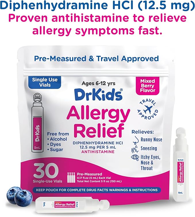 Dr. Kids Children's Allergy Relief Medicine with Diphenhydramine HCl 12.5 mg - Pre-Measured Single-Use Vials, Kids Antihistamine for Sneezing, Runny Nose & Itchy Eyes, Mixed Berry Flavor, 30 Count