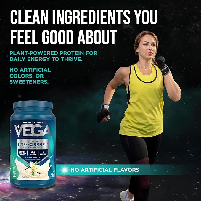 Vega Premium Protein + Supergreens, Creamy Vanilla – 20g Vegan Protein, Dairy & Gluten Free, 26.9 oz (25 Servings)
