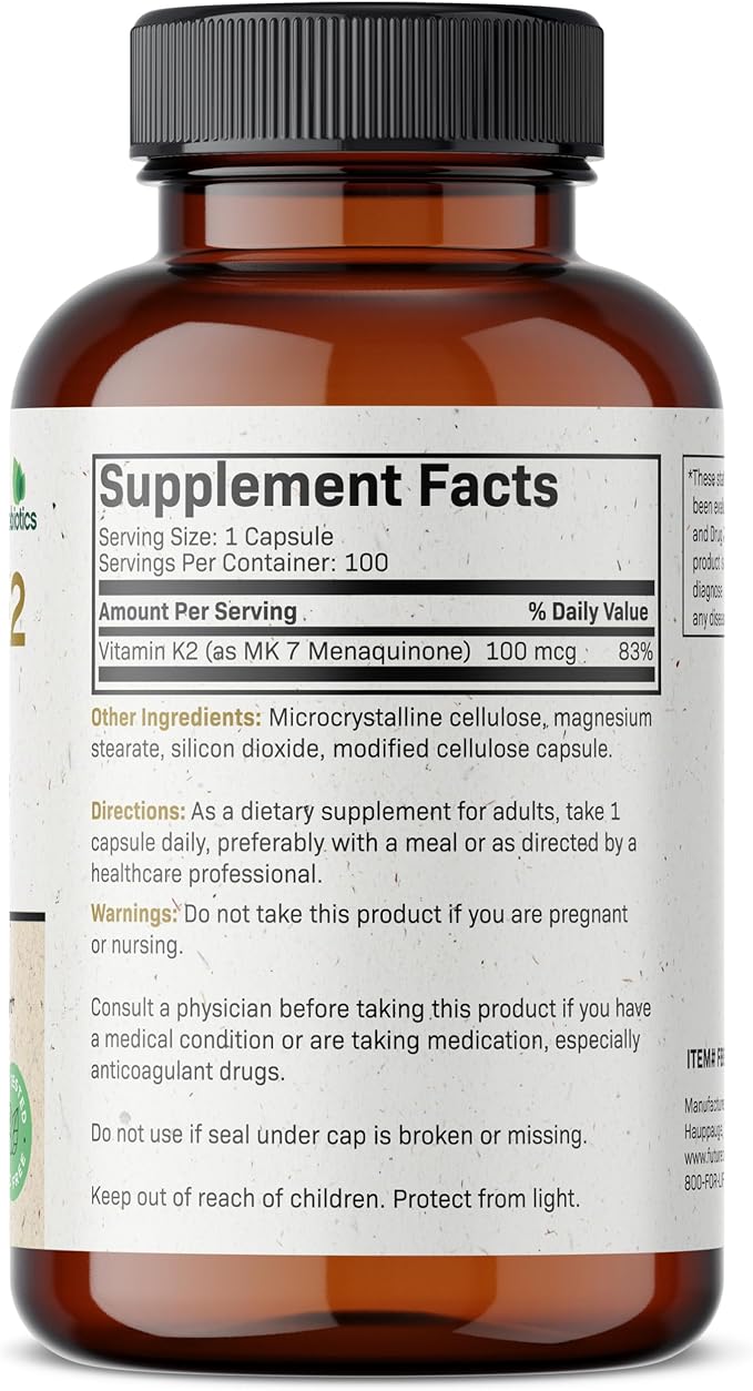 Futurebiotics Vitamin K2 as MK-7 100 mcg, Supports Strong Bones - Non-GMO, 100 Vegetarian Capsules