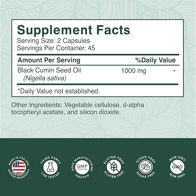 Black Seed Oil 1000mg per Serving. Non-GMO & Vegetarian Black Seed Oil Capsules 45 Day Serving. Organic Cold Pressed Black Cumin Seed. Nigella Sativa Seeds. USA Made Supplement for Men & Women