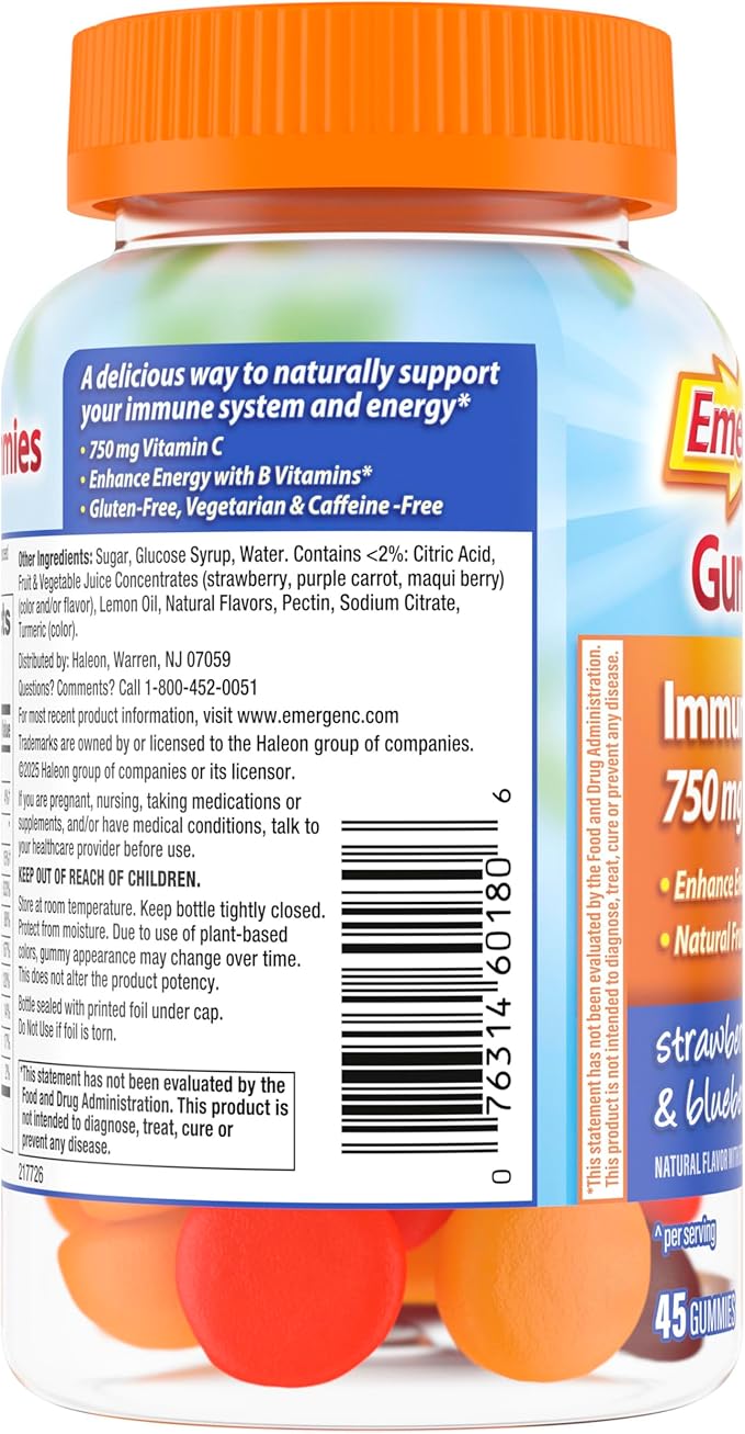 Emergen-C 750mg Vitamin C Gummies for Adults, Immune Support Gummies, Gluten Free, Strawberry, Lemon and Blueberry Flavors, Back to School Essentials - 45 Count