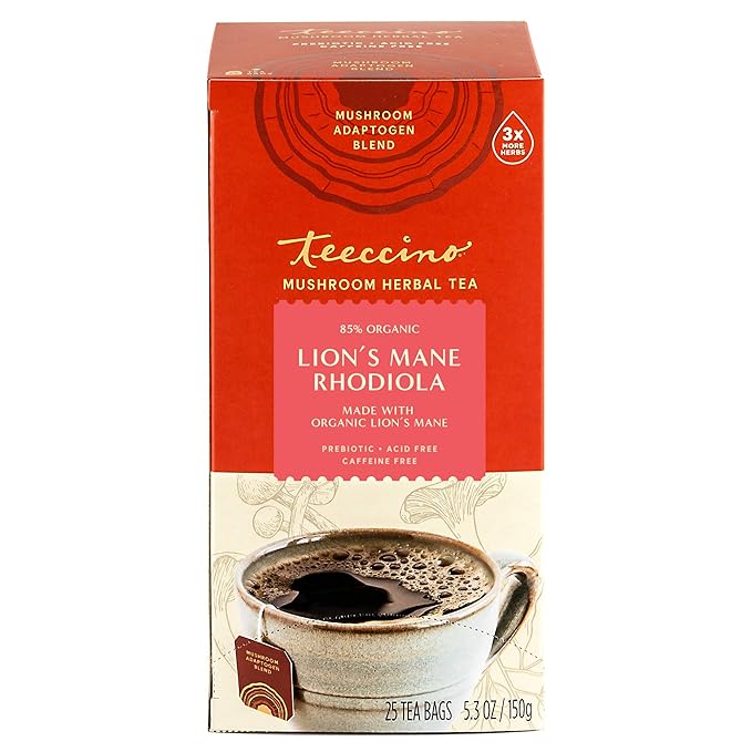 Teeccino Lion’s Mane Rhodiola Tea - Rose - 25 TeaBags Caffeine-Free Mushroom Adaptogenic Herbal Tea, 3x More Herbs than Regular Tea Bags, Lightly Sweet from Dates & Figs, Chicory Prebiotic - (Pack of 3)