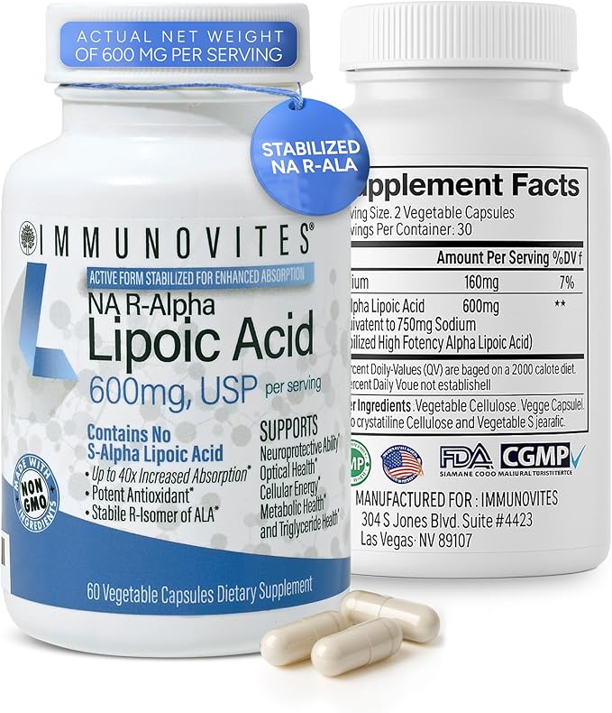 IMMUNOVITES Stabilized R-Alpha Lipoic Acid ((True)) 600mg per Serving [[High Potency & up to 40x Increased Absorption]] (Na R-ALA) (Na R-LA) (Na R-Lipoate) (1 Bottle)