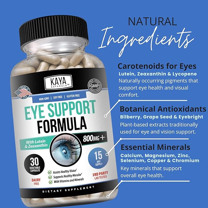 Kaya Naturals Eye Health Supplement, Lutein and Zeaxanthin, Vision Health, Eye Strain Support 800 mg Vitamin Supplement 30 Capsules (Pack of 2)