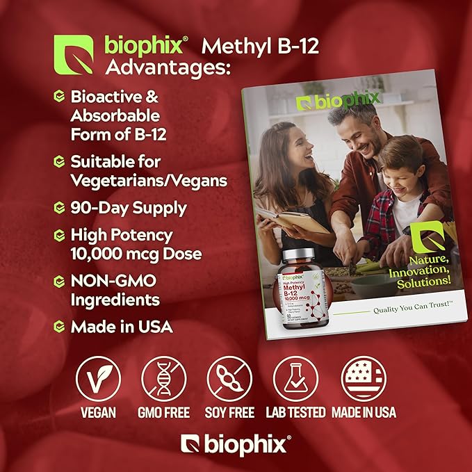 biophix Methyl B-12 10000 mcg 90 Vegan Lozenges Cherry Flavor Extra Strength - Supports Nervous System Immune Health Blood Flow Metabolism Brain Focus Energy