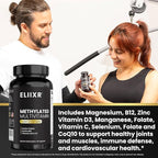 Eliixr Methylated Multivitamin 27-in-1 Formula with 1500 mcg Active Folate, Methylated B12, K2, D3, B-Complex and more Women and Mens Multivitamins, 60 Vegan Capsules, 2 month supply Made in the USA