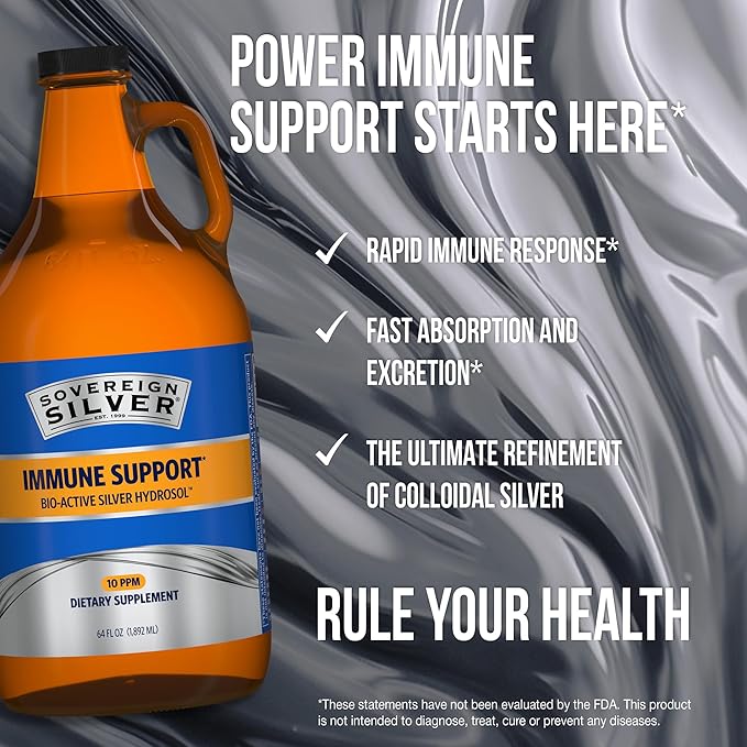Sovereign Silver Immune Support - Colloidal Silver, Bio-Active Silver Hydrosol, 10 ppm, Liquid Twist Top, 64 Fl Oz, (1,892 mL)
