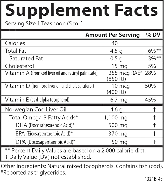 Carlson - Cod Liver Oil 1100 mg Omega-3s Plus Vitamins A & D3 - Wild Caught EPA DHA Omega 3 Supplement - Norwegian Arctic, Sustainably Sourced Nordic Fish Oil Liquid, Unflavored, 250 mL (8.4 Fl Oz)