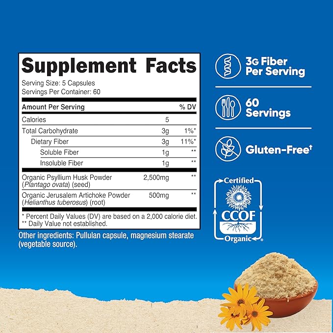 Nutricost Fiber Capsules with Prebiotic Fiber Supplement 300 Capsules - Made with Organic Psyllium Husk & Organic Jerusalem Artichoke, 60 Servings, Gluten Free, 3 G Per Serving