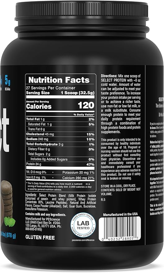 PEScience Select Protein Powder, Whey and Casein Blend, Lean Protein Powder for Women and Men, Low Calorie, Low Carb, Keto Friendly, Gluten Free, Chocolate Mint Cookie - 27 Servings