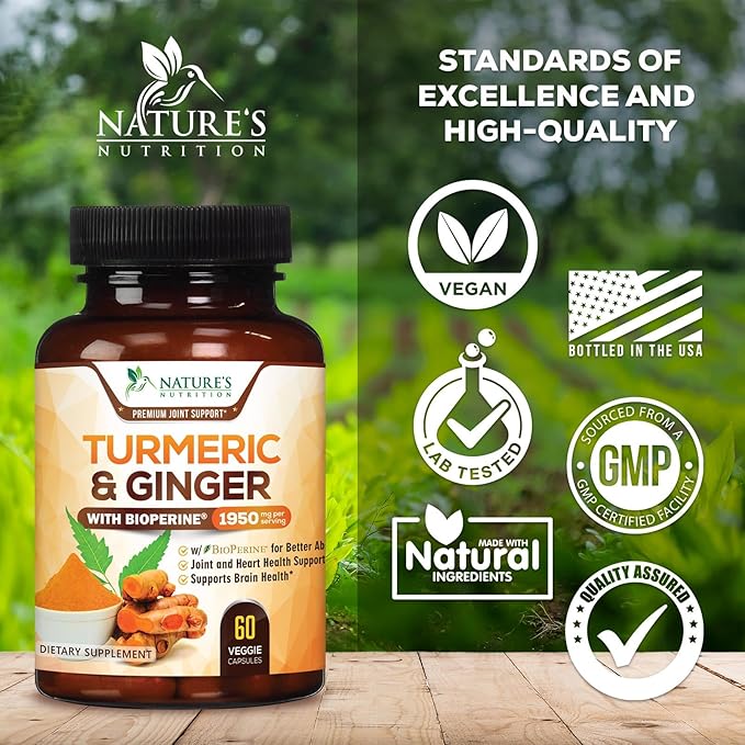 Turmeric Curcumin Supplement - 95% Curcuminoids with Organic Turmeric & Ginger, BioPerine Black Pepper Extract for Best Absorption, Natural Vegan Joint Support, Non-GMO, Bottled in USA - 60 Capsules