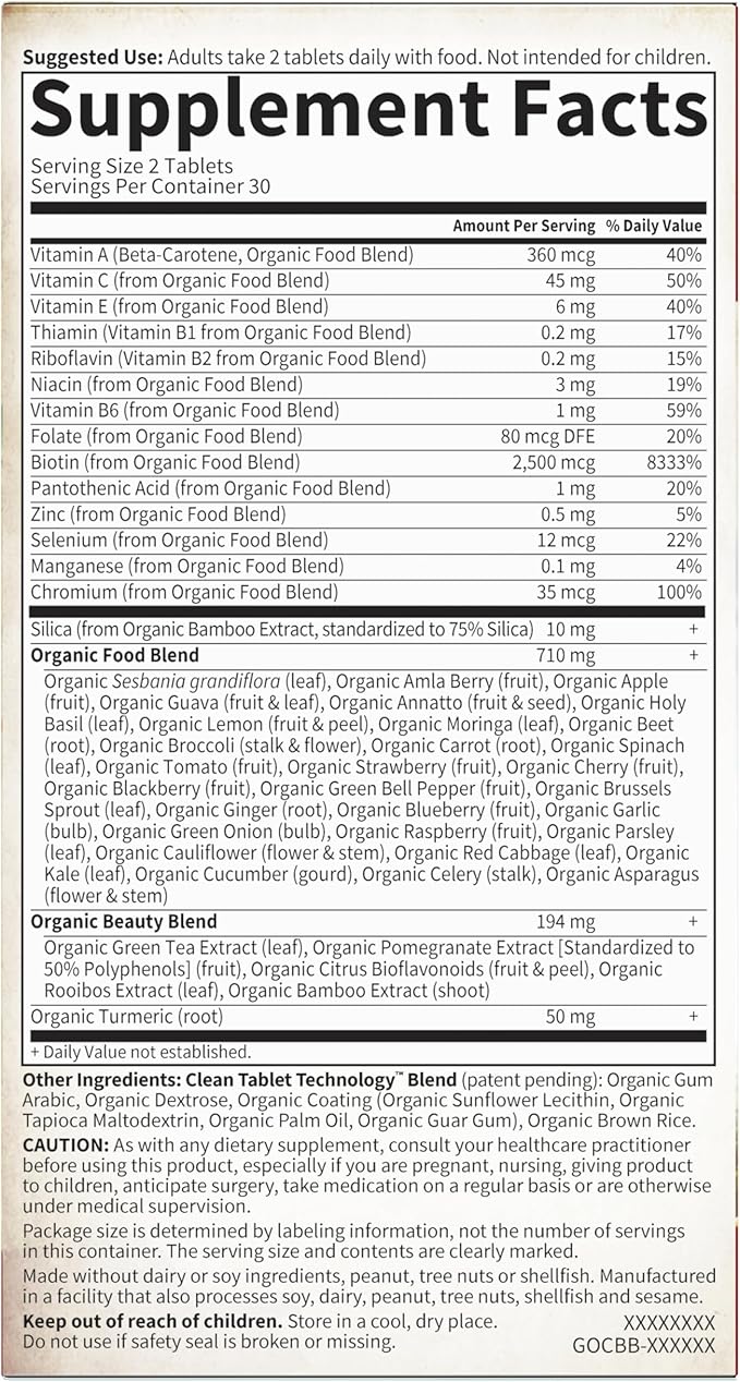 Garden of Life Organics Vegan Collagen Builder - Organic Plant Collagen Beauty Booster - Silica & Biotin for Hair, Skin, Nails and Joint Support – No Added Sugar, 60 Tablets