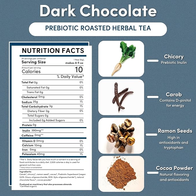 Teeccino Dark Chocolate - Prebiotic SuperBoost™ Herbal Tea - 25 Tea Bags - Support Your Probiotics with Vegan GOS & Organic XOS For Good Gut Health and Regularity, Digestive Chocolate Tea, (Pack of 3)