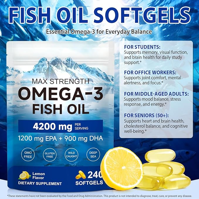 AIQIUSHA Omega 3 Fish Oil Supplements 4200mg – Triple Strength EPA DHA (1200/900), No Fishy Burps, Enteric Coated, Supports Heart, Brain, Joint Health, 240 Softgels