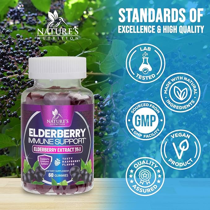 Elderberry Immune Support Gummies - Elderberry Extract Sambucus Nigra - Black Elder Berry Vitamin Supplement - Natural, Daily Immune Support Kids & Adults Love - Delicious Berry Flavor - 60 Gummies