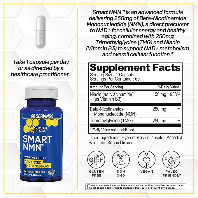 Smart NMN Supplement - Advanced NAD Supplement with Niacinamide Mononucleotide & TMG - NAD+ Production Support for Healthy Aging & Long Term Brain Health - Vitamin B3 & Trimethylgycine - 60 Capsules