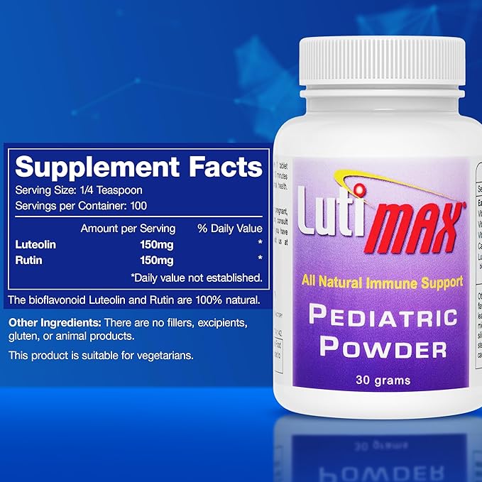 Lutimax Pediatric Powder Brain Supplement with Luteolin & Rutin for Kids - Memory, Focus, Muscle & Immune Support Brain Supplements - Nootropic Antioxidants - 200 Servings