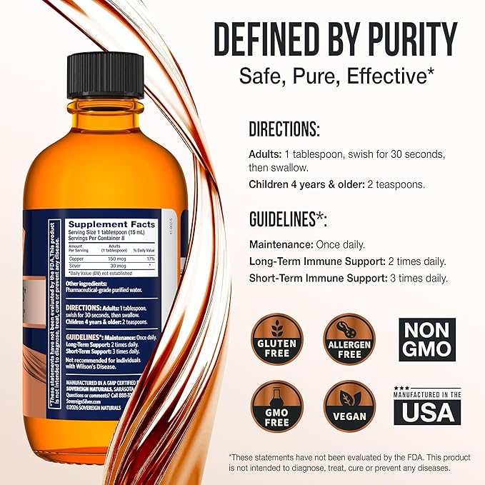 Sovereign Copper Bio-Active Copper Hydrosol, Daily+ 4-in-1 Wellness Supplement for Joint, Bone, Hair, Skin and Nails, Cardiovascular Health, Energy and Metabolic Health Support, 4 fl oz (118 mL)